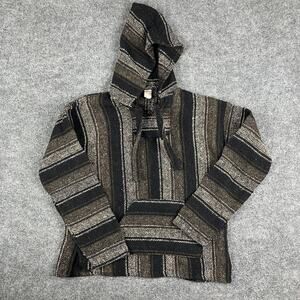 Earthbound Hoodie Men's Size L Black Beige Striped Baja Pullover Boho Hippie